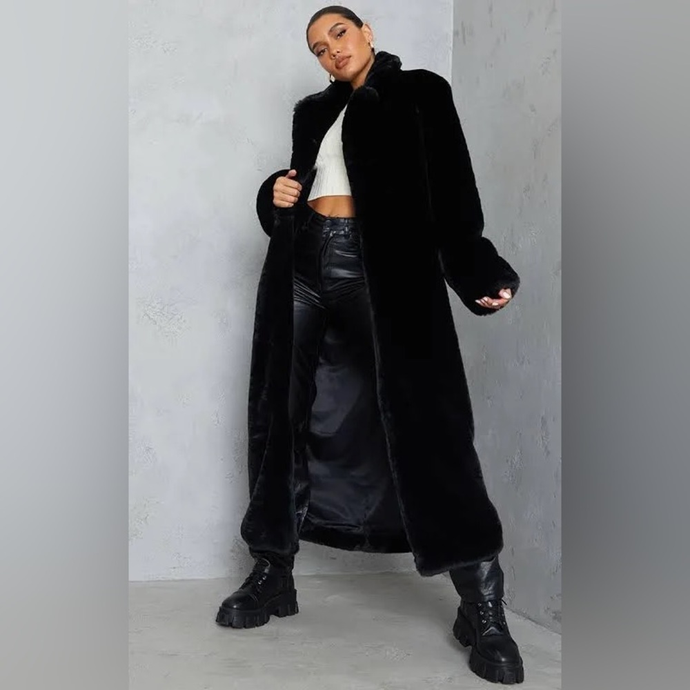 Pretty Little Thing long black Faux fur coat UK size 8 / us size 4